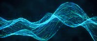 Glowing cyan digital wave with flowing particle lines on dark background, representing data flow, technology, and energy movement for tech and science applications.