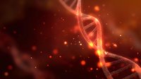 Glowing DNA helix structure with orange particles and light effects on dark background, scientific molecular concept for genetics and biotechnology research.