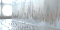 Financial data visualization with orange line graphs and charts displayed on transparent screen for business analytics and market research presentations.