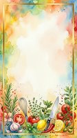 Watercolor cooking frame with fresh vegetables, herbs, and kitchen utensils on colorful splashed background. Central white space for text, recipes, or menu designs.