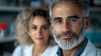 Mature male medical professional with gray beard and glasses smiling confidently in hospital setting with female colleague in background. Healthcare concept.