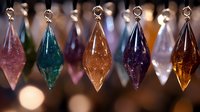 Colorful glass crystal pendants hanging in row with bokeh background, featuring pink, teal, amber, purple and orange teardrop shapes for decorative display.