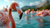 Pink flamingo close-up portrait with flock in turquoise water background, soft focus nature photography showing graceful neck curve and distinctive beak detail.