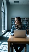 Young Caucasian woman student working on laptop computer in university library, studying online education with natural window light for academic research.