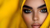 Middle Eastern woman with striking blue eyes and golden eye makeup wearing yellow hijab, close-up beauty portrait showing flawless skin and defined features.