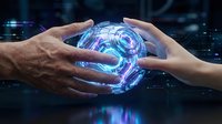 Hands protecting glowing digital brain with neural networks and data streams representing AI technology, machine learning and futuristic innovation.
