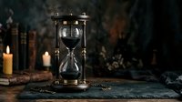 Antique hourglass with flowing sand on dark wooden surface surrounded by candles, chains, and dried botanicals, evoking time passage and mystical atmosphere for gothic, vintage, or occult-themed designs.