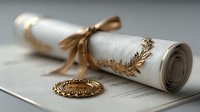 Elegant diploma certificate with golden ribbon and decorative seal on white paper, graduation achievement document for academic success ceremonies.