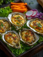 Grilled oysters with melted cheese and herbs served on wooden platter with fresh vegetables. Close up of seafood appetizer garnished with lettuce, radish and carrots.