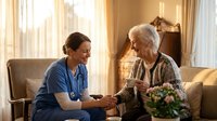 Healthcare worker providing compassionate care to elderly woman at home, professional caregiver assisting senior patient in comfortable living room setting.
