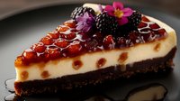 Slice of cheesecake with chocolate base topped with red currants, blackberries and edible flowers on dark plate, close up view against dark background.
