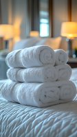 Stack of fresh white rolled towels on hotel bed with soft ambient lighting and blurred lamps in background, creating luxurious spa-like atmosphere.