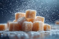 Caramel fudge candy cubes dusted with powdered sugar against dark background with magical sparkle effect, macro food photography for confectionery advertising.