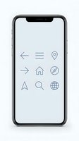Modern smartphone displaying minimalist navigation icons set including arrows, menu, location, home, search and compass symbols for mobile app interface design.