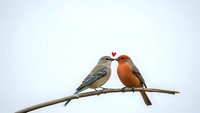 Two small songbirds perched on branch sharing romantic moment with red heart symbol above, love birds couple on white background for Valentine designs.