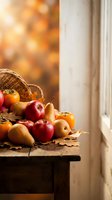Autumn harvest cornucopia with fresh apples, pears and pumpkins on rustic wooden table by window with warm golden bokeh light for seasonal decorating.