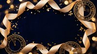 Elegant New Year celebration frame with golden ribbons, vintage clocks showing midnight, sparkling confetti on dark background for party invitations.