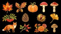 Autumn season collection featuring fall leaves, pumpkin, mushrooms, pinecone, rowan berries, chestnut, fox, ginkgo leaf, and chrysanthemum flowers isolated on transparent background for t-shirt designs, stickers, clipart, and print-on-demand projects.