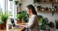 Young woman working on laptop in cozy home office surrounded by lush green plants and natural light creating productive workspace atmosphere.