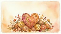 Watercolor heart with ornate floral patterns surrounded by decorative coins and autumn leaves on a warm beige background.