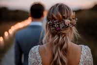 Romantic sunset wedding moment with bride in lace dress and floral hairpiece looking at groom. Soft bokeh lights create dreamy atmosphere for wedding photography.