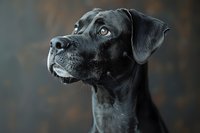 Close up portrait of black Labrador Retriever dog with bright blue eyes against dark background, dramatic lighting highlights facial features and expression.