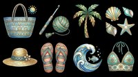 Summer beach clipart set with tote bag, palm tree, shells, flip flops, wave, bikini top, and hat, isolated on transparent background, ready for stickers and print on demand.