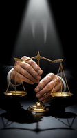 Male hands in suit holding golden scales of justice under dramatic spotlight on dark background, symbolizing law, balance, and legal judgment.