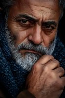 Close-up portrait of mature Middle Eastern man with gray beard wearing blue sweater, expressing intense contemplative emotion through dramatic lighting.