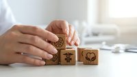 Hands arranging wooden blocks with healthcare symbols including medical cross, heart, and brain icons on white desk for wellness concept design.