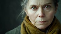Intense close-up portrait of mature woman with striking green eyes wearing mustard yellow scarf and olive jacket against dark background, dramatic lighting highlights facial features.