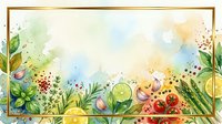 Watercolor botanical border with fresh fruits, vegetables, and herbs arranged around edges, featuring vibrant greens, yellows, and reds on white background. Isolated design element for wellness, nutrition, and organic product marketing.