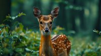 Young spotted fawn in green forest, looking directly at camera with alert expression and perked ears. Wildlife photography for nature publications.
