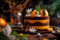 Chocolate orange layer cake decorated with fresh citrus slices, white daisies, hazelnuts and gold spheres on dark wooden surface with moody lighting.