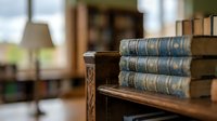 Antique leather-bound books stacked on wooden shelf in classic library setting with blurred interior background, suitable for education and literature concepts.