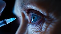 Close-up macro shot of medical injection procedure near blue human eye in dark dramatic lighting. Medical treatment and ophthalmology concept for vision care.