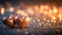 Glittering copper hearts on dark surface with magical bokeh lights background creating romantic Valentine's Day atmosphere. Festive holiday concept.