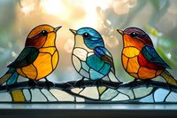 Colorful stained glass birds perched on branch with bokeh background, featuring geometric shapes in blue, orange and yellow tones creating mosaic effect.