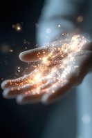 Magical glowing particles floating above an open palm with golden light trails and sparkles against dark background, creating mystical ethereal atmosphere.