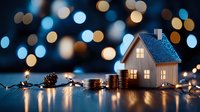 Glowing miniature house with stacked coins and fairy lights against blurred bokeh background creates cozy financial planning atmosphere.