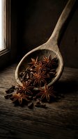 Wooden spoon filled with star anise and cloves spilling onto rustic wood surface in warm natural lighting for culinary and cooking applications.
