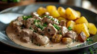 Tender pork pieces in creamy mushroom sauce garnished with fresh parsley, served with golden roasted potatoes on rustic plate. Homestyle comfort food.