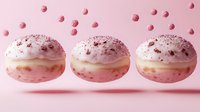Pink macarons with raspberry filling and sprinkles floating in air against pink background, creative food photography for bakery and confectionery marketing.