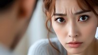 Close up portrait of young Asian woman with serious concerned expression looking at blurred male figure, emotional dramatic lighting for relationship concept.
