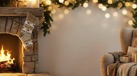 Cozy fireplace with warm glowing flames, holiday garland, twinkling lights, wrapped gifts, and comfortable armchair with blanket for festive seasonal home decor.
