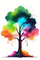 Vibrant rainbow tree silhouette with colorful dripping paint effect perfect for wall art, tattoo design, or creative projects. Artistic nature illustration combines fantasy and reality.