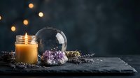 Mystical still life with crystal ball, amethyst cluster, burning candle, and dried lavender on dark stone surface with bokeh lights.