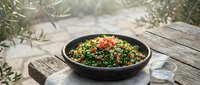 Vibrant tabbouleh salad with fresh herbs and vegetables served in black bowl on rustic wooden table outdoors, perfect for food styling and culinary content.