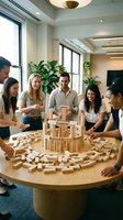 Diverse business team collaborating on wooden block building exercise in modern office space for teamwork and strategic planning development.