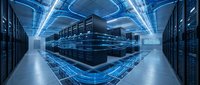 Modern data center with rows of server racks and glowing blue digital network visualization, representing cloud computing, cybersecurity, and information technology infrastructure.